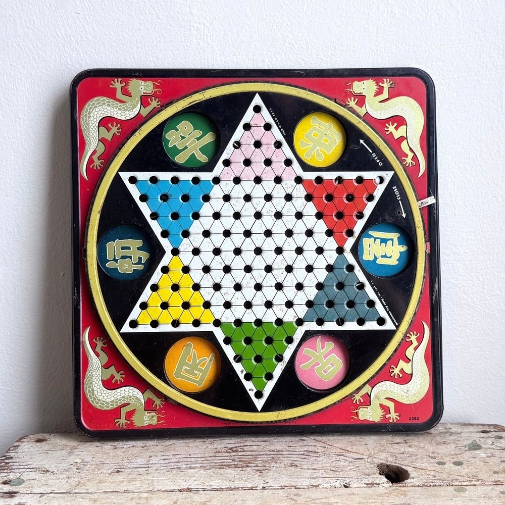 Vintage Pressman Toy Corp Chinese Checkers Tin Dragon Game Board Marbles